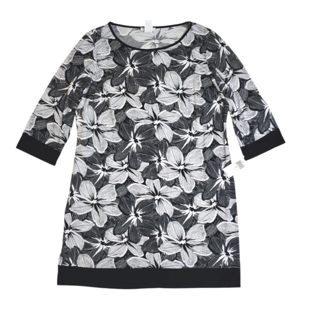 NWT Prelude 2X Shift Dress Black White Floral 3/4 Sleeve Stretchy $78 Retail